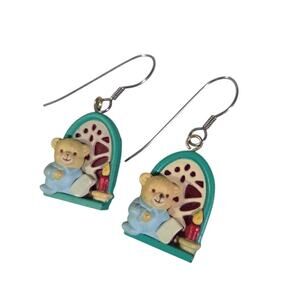 Vtg Figural 3D Teddy Bear Earrings Hook Wire Stain Glass Candle Pajama